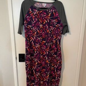 LuLaRoe Multicolor Floral Midi Dress with Gray Sleeves